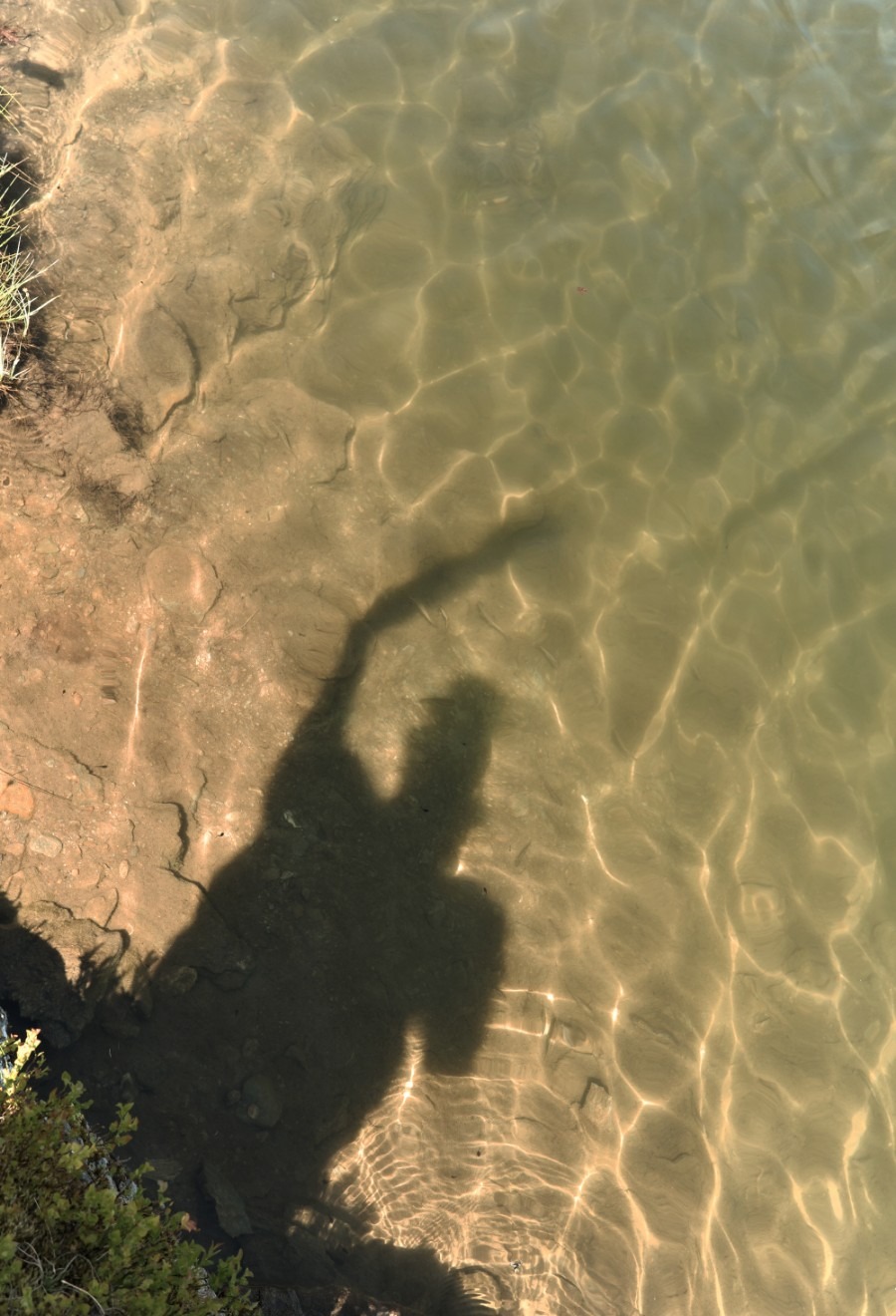 Schatten eines Wanderers im klaren Wasser des Unteren Wildalmsees