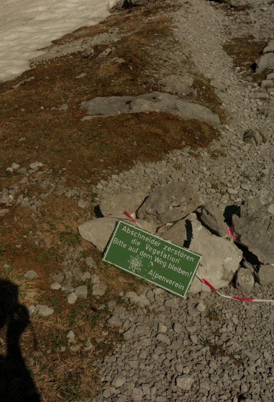 Hinweisschild zum Schutz der alpinen Vegetation am Lamsenjoch