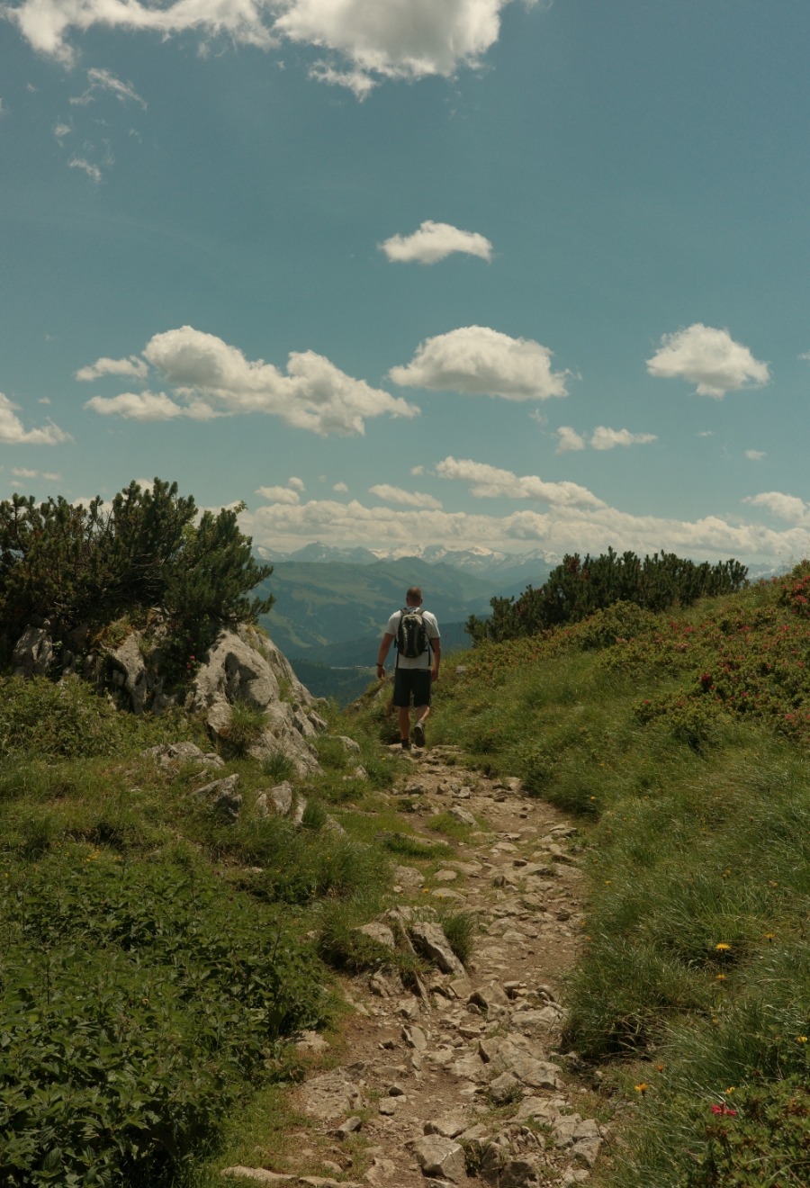 Wanderer auf einem grünen Bergweg beim Abstieg Richtung Gruttenhütte