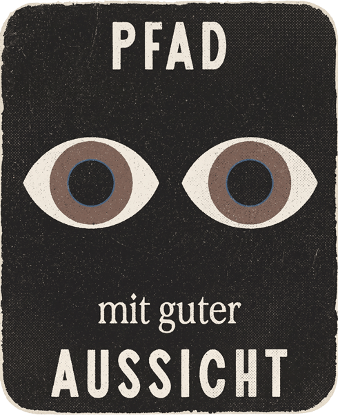Saumpfad-Wegmarke „Gute Aussicht“: entlang des Wanderwegs öffnen sich weite Blicke auf Berge, Gipfel und Täler.