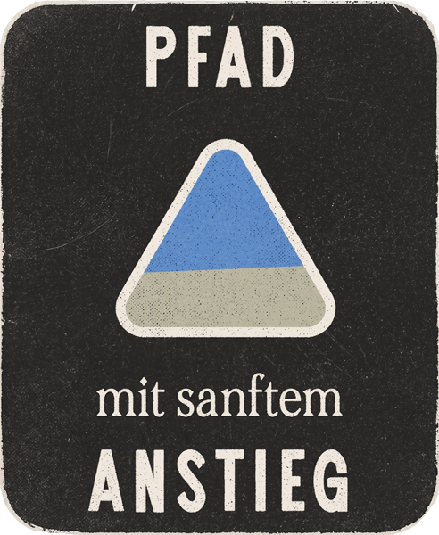 Saumpfad-Wegmarke „Sanfter Anstieg“: der Wanderweg gewinnt langsam und überwiegend gleichmäßig an Höhe.